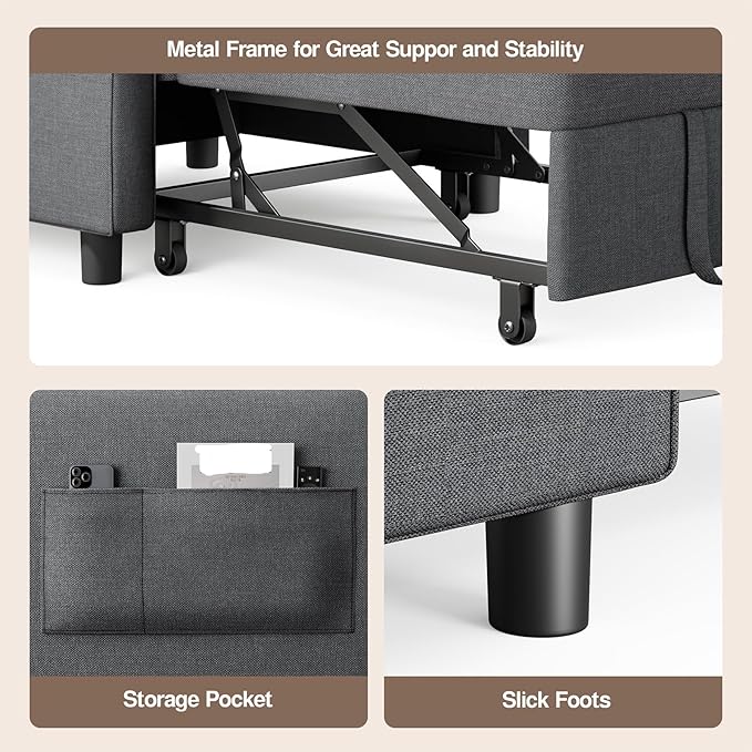 Ahomly Convertible Sofa Bed 3-in-1 Multi-Functional Sleeper Chair Bed Adjustable Backrest Recliner with Modern Linen Fabric for Living Room Bedroom Apartment Small Space Dark Grey