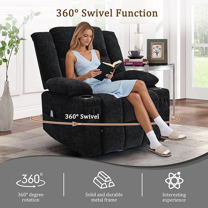Adult 360° Rotating Recliner with Massage and Heating Functions Cup Holder and Manual Tilt Mechanism Suitable for Living Room and Bedroom (Fabric Black)