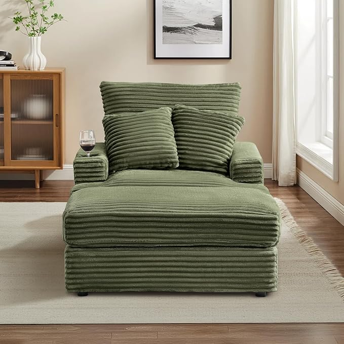 Chaise Lounge Chair Indoor 39 W Plush Corduroy Oversized Chair with Ottoman Upholstered Cozy Chaise with Cup Holder Modern Deep Seat Comfy Sofa Armchair for Living Room Bedroom(Green)