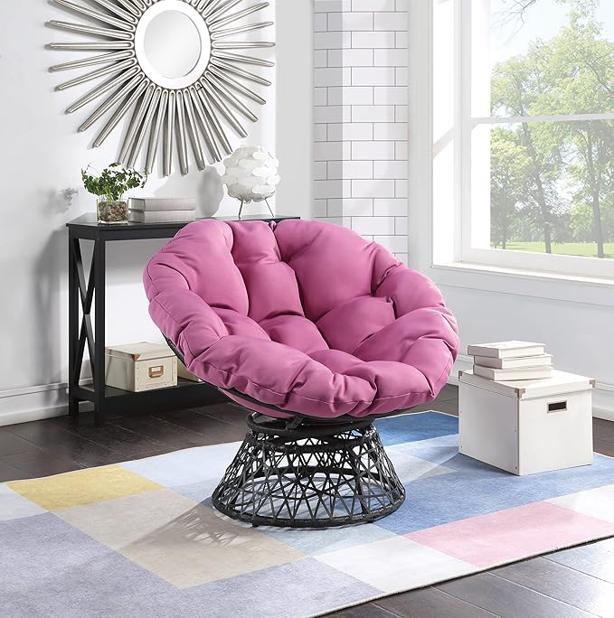 OSP Home Furnishings Wicker Papasan Chair with 360-Degree Swivel Grey Frame with Purple Cushion