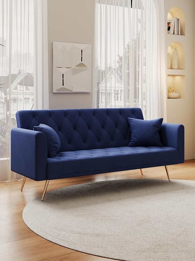 71 Convertible Velvet Futon Sofa Bed Loveseat with Multiple Adjustable BackrestsModern Sleeper Couch with Golden Metal Legs for Living RoomApartmentOfficeBlue