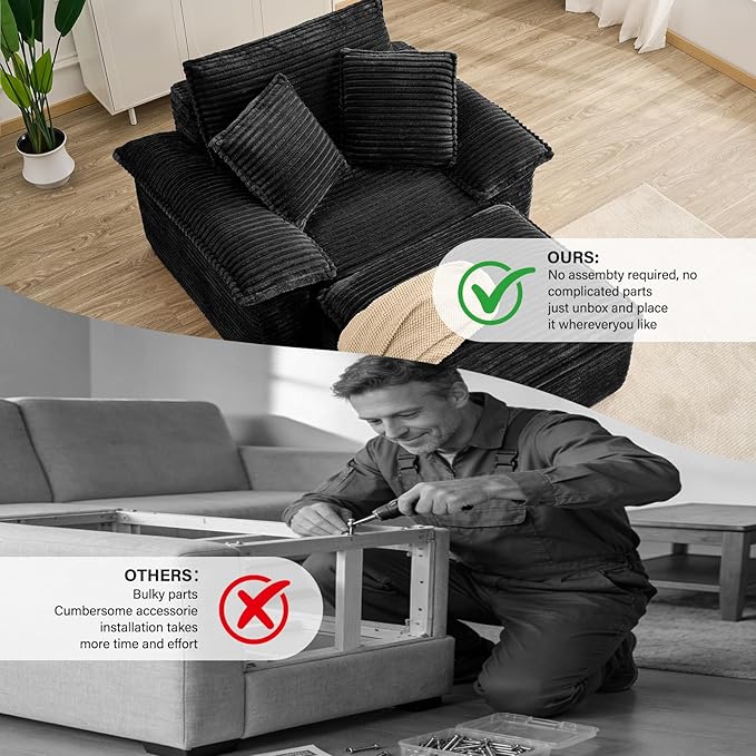 Boneless Sofa with Removable OttomanUpholstered Sofa Bed with PillowsPlush Faux Fur Lounge Reading Chairs with ArmrestsCloud Couches for Living RoomNo Assembly Required (Black Single seat) | No A