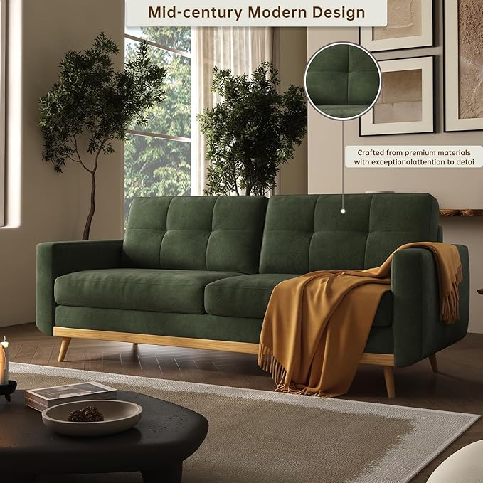 67.7” Loveseat Sofa Mid Century Modern Decor Love Seat Couches for Living Room Button Tufted Upholstered Small Couch for Bedroom Solid and Easy to Install Furniture (Green 67.7inch)