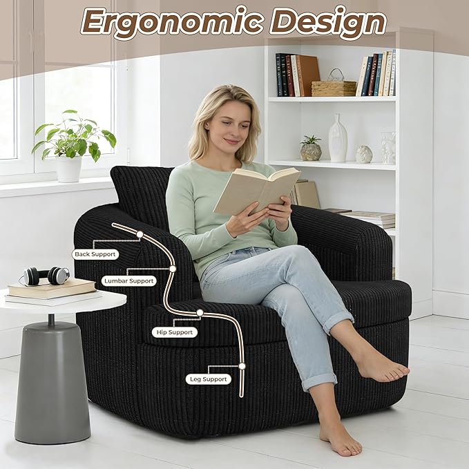 36.6 Swivel Accent Chairs Set of 2 360 Degree Oversized Swivel Barrel Chair for Living Room Modern Corduroy Upholstered Accent Armchair Comfy Boneless Sofa Chair for Bedroom Black