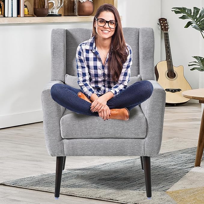 Modern Accent Chair Upholstered Armchair with Pillow Fabric Single Sofa Chair with Lounge Seat Solid Wood Legs Accent Chair for Living Room Bedroom Small Spaces (Grey)