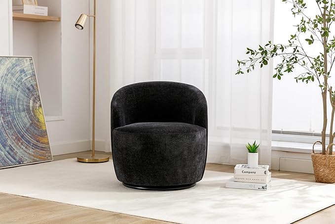 Stylish Chenille Swivel Accent Chair Black 360 Degree Rotation Barrel Chair for Living Room