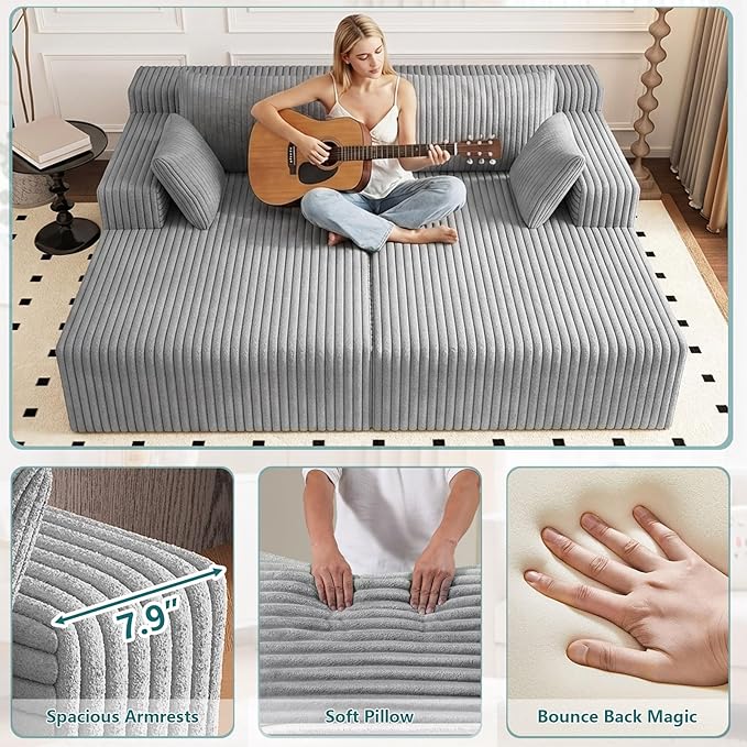70.8 Oversized Double Chaise Lounge Indoor Upholstered Deep Seat Cloud Couch Corduroy Lounge Chair Modern Sofa Bed Loveseat Sleeper Chair for Living Room Bedroom Apartment Light Gray