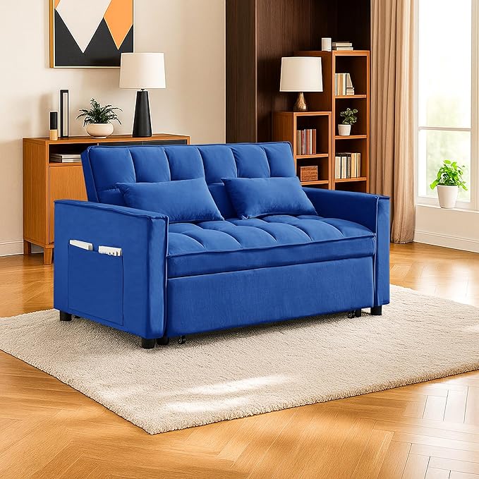 Sleeper Sofa Couch with Pullout Bed 54'' Velvet Futon Loveseat Sofa 3-in-1 Convertible Love Seat Couch for Living Room Apartment Chair Bed Sleeper for Adults (Blue)