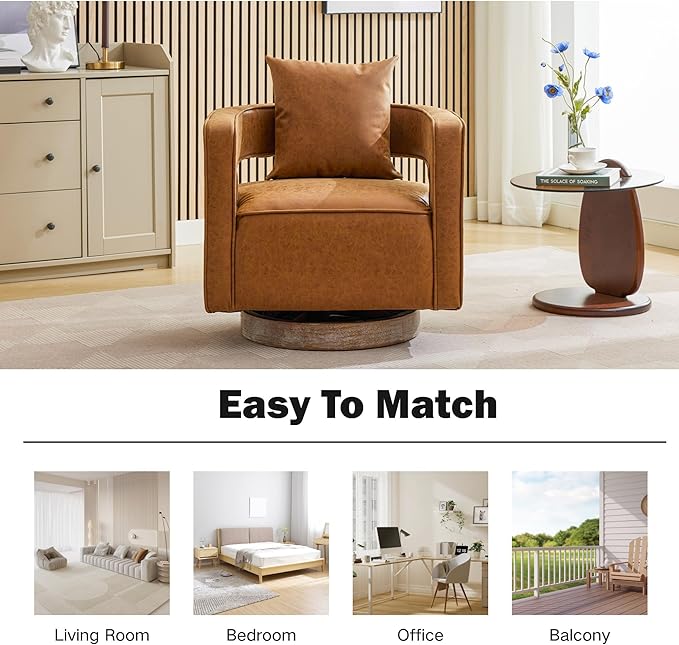 Chifee &amp Vingol 29.1 PU Leather Swivel Accent Chair Mid Century Retro Barrel Chair with Solid Wood BaseBrown