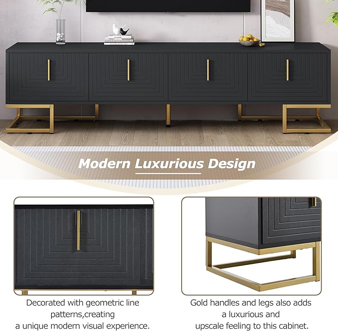 Merax Modern TV Stand with Metal Legs Gold Handles Geometric Lines and Adjustable Shelves for TVs Up to 80'' Media Console Table Luxury Storage Cabinets for Living Room Black