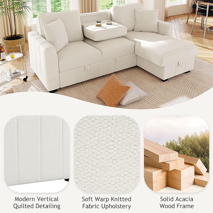 90 L-Shaped Sectional Sleeper Sofa with Reversible Storage Chaise Warp-Knitted Fabric Upholstered Modular Couch with Drop-Down Center Back Cushion with Dual Cup Holders for Living Room (Beige-10)