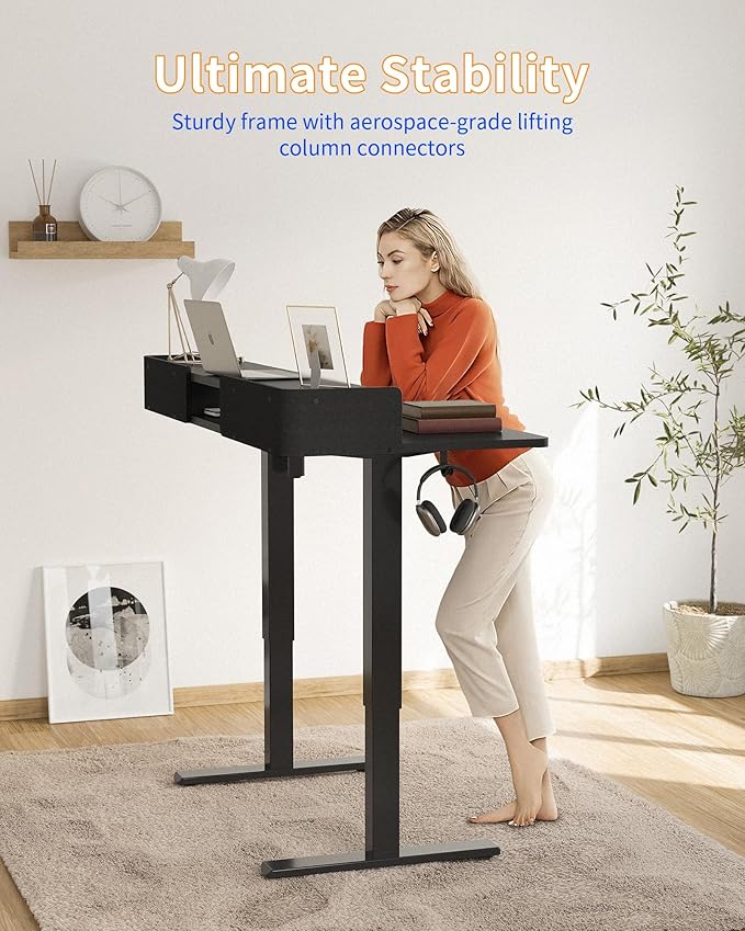 YIHAYO Electric Standing Desk with Drawers 48 x 24 Inches Adjustable Desk with Storage Shelf Stand Up Desk with Splice Board Computer Table for Home Office Black Frame/Black Top