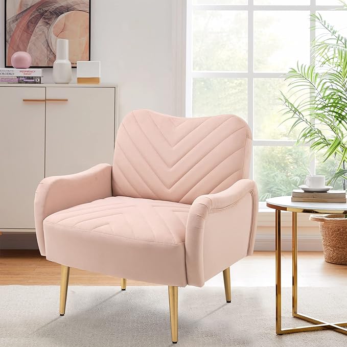 Velvet Accent Chair Comfy Upholstered Living Room Arm Chair Single Reading Sofa Chairs for Bedroom Office Small Spaces Waiting Room Furniture (Pink Chair)