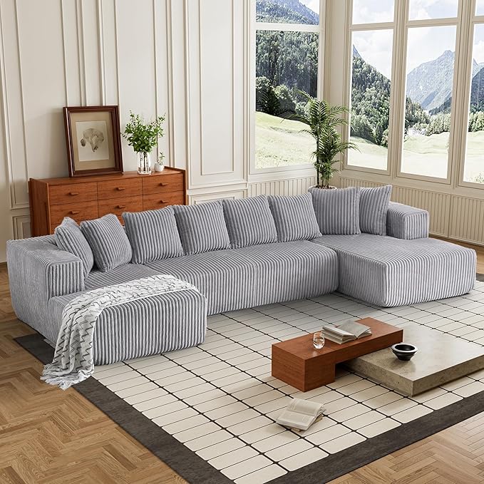 Minimalist Oversized Modular Sofa Couch Deep Seat Sectional Sofa with Two Chaise Comfy Corduroy Shape Cloud Couch for Living Room Apartment - Light Gray