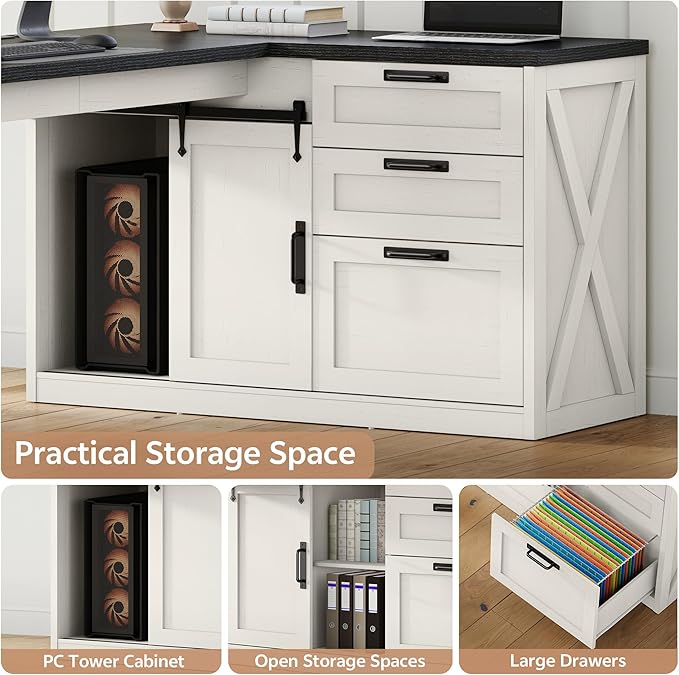 Farmhouse L Shaped Office Desk with Drawers 78 Inch L Shape Desk Executive Office Desk with File Cabinet Storage Shelves and Power Outlets for Home Office White and Black