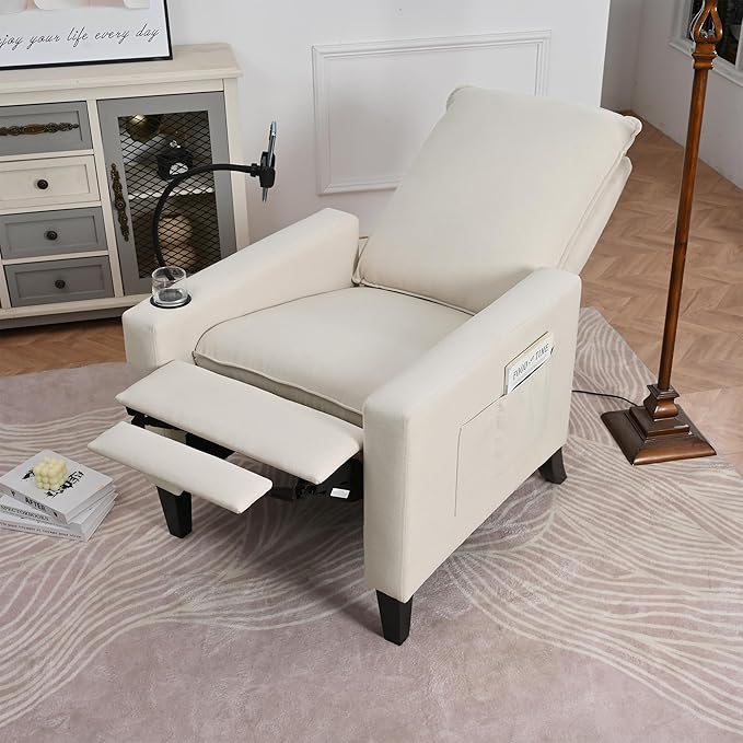Beige Adjustable Recliner Chair with Phone Holder &amp Cup Holder for Living Room Modern Push Back Recliner Sofa