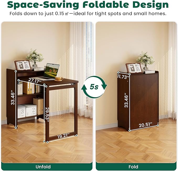 Bamboo Folding Desk for Small SpacesHidden Desk with Storage Shelf Foldable Computer Desk for Bedroom Home Office Mid Century Modern Fold Out Table Writing Table Walnut