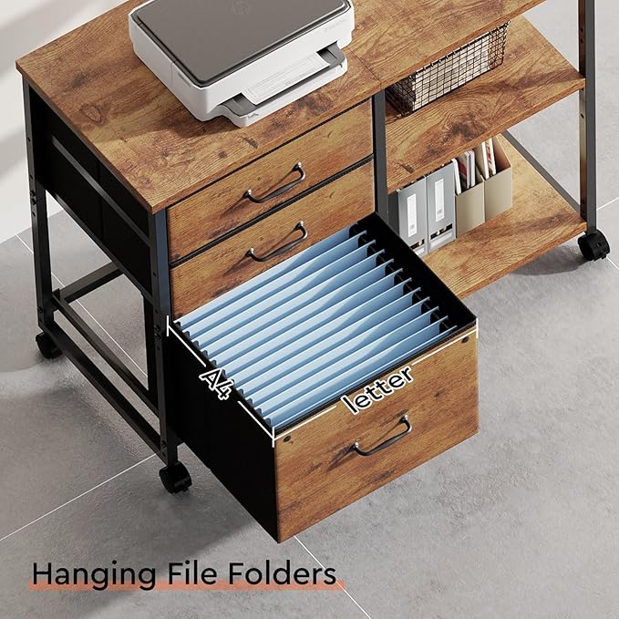 3 Drawer File Cabinet with Wheels Rolling Printer Stand with Open Storage Shelf Fabric Lateral Filing Cabinet for Home OfficeRustic Brown2