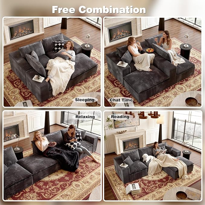 108 Boneless Compression Sectional Sofa L-Shape Interchangeable Chaise Deep Seat with High-Resilience Foam Soft Corduroy Upholstery No Assembly Needed for Living Room Bedroom