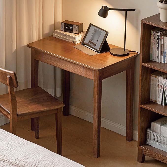 YESWOOD Walnut Desk Solid Wood Home Office Desk Mid-Century Modern Computer Desk with Drawers Writing Desk for Study Bedroom Work 31.49 W