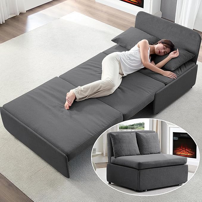 Mjkone 43 W Twin Size Pull Out Sofa Bed Chair 2-in-1 Modern Pull Out Linen Futon Sleeper Sofa Couch Revesible Couch Bed with Throw Pillows for Small Place Apartment Living Room Office (Dark Gray)