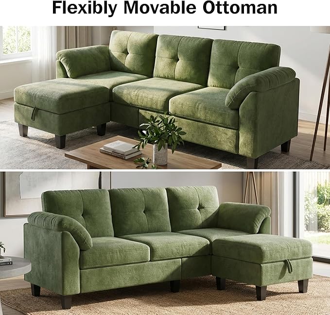 WEUP 79 Convertible Sectional Couch with Storage Ottoman L Shaped Small Sofa 4 Seat Couches for Living Room Apartment Small Space Green