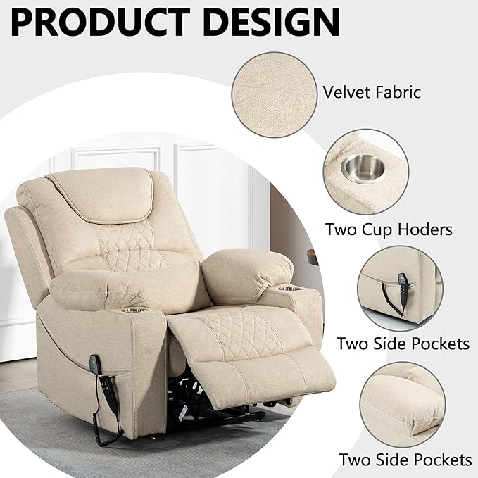 Large Power Lift Recliner Chair Sofa with Massage and Heat for Big and Tall ElderlyInfinite PositionsDual MotorCup HoldersExtended FootrestVelvet Home Theater Seat