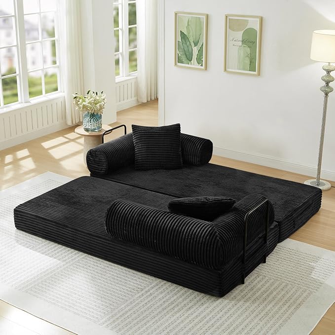 78.5W Convertible Folding Sofa Bed Corduroy Upholstered Queen Size Foam Floor Couch with Fixed-Shaped Frame Loveseat Sleeper Compression Sofa Foldable Mattress for Living Room Bedroom(Black)