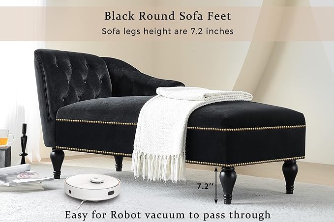 Luxe Velvet Chaise Lounge 58-Inch Right Arm Tufted Sofa with Bronze Nailhead Trim Black Velvet Upholstery Solid Wood Legs for Living Room