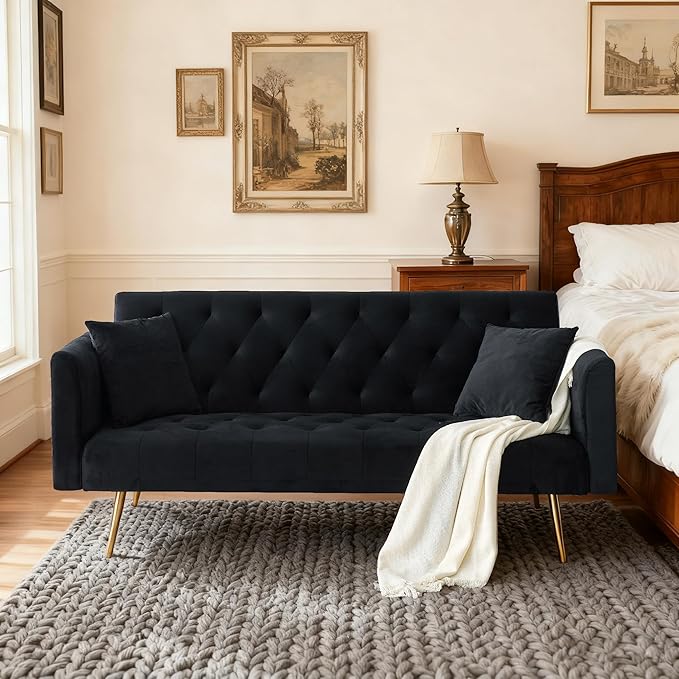 71 Velvet Futon Sofa Bed Convertible Sleeper Couch with 2 Pillows - Modern Loveseat Small Sofa 3-Angle Adjustable Backrest Golden Metal Legs for Living Room Bedroom Apartment Easy Assembly (Black)