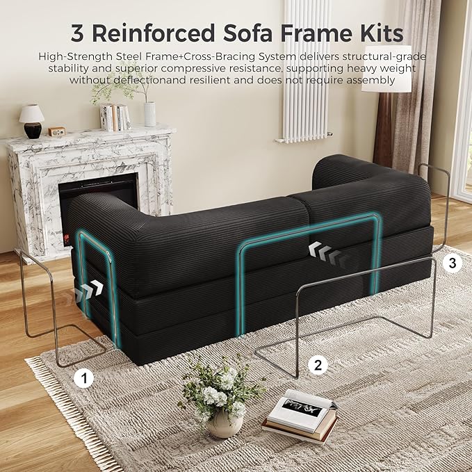 78.8 Convertible Sofa BedCorduroy Futon Couch Folding Pull Out Futon SofaNo Assembly Boneless Couch for Living Room
