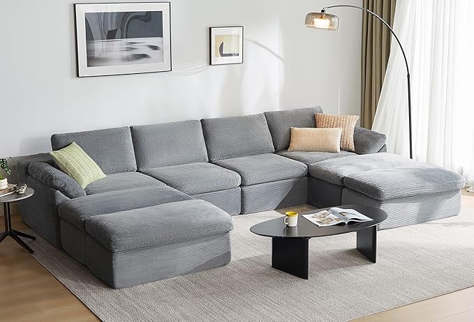 LINSY HOME 139 Modular Couch Modern Boneless Cloud Couch U Shaped Sofa with Movable Ottomans Deep Seat Corduroy Sectional Couches for Living Room Apartment No Assembly Required Grey