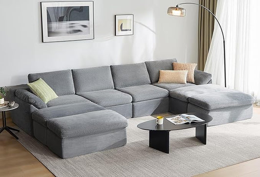 LINSY HOME 139 Modular Couch Modern Boneless Cloud Couch U Shaped Sofa with Movable Ottomans Deep Seat Corduroy Sectional Couches for Living Room Apartment No Assembly Required Grey