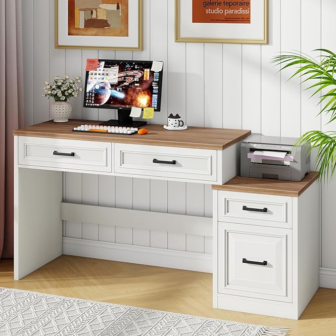 Vabches 61 Farmhouse Computer Desk with Storage and File Drawer Executive Desks with Printer Stand Rustic Large Home Writing Desk for Home Office.