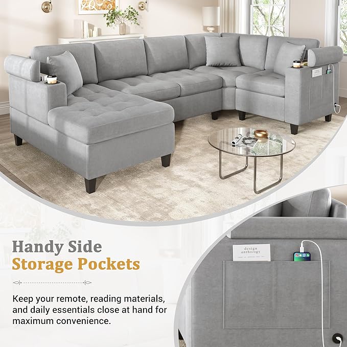 Eafurn Oversized U Shaped Sectional Sofa Tufted Couch w/Left Chaise 6-Seater Chenille Convertible Corner Couches w/Cup Holders Storage Armrest and USB Ports