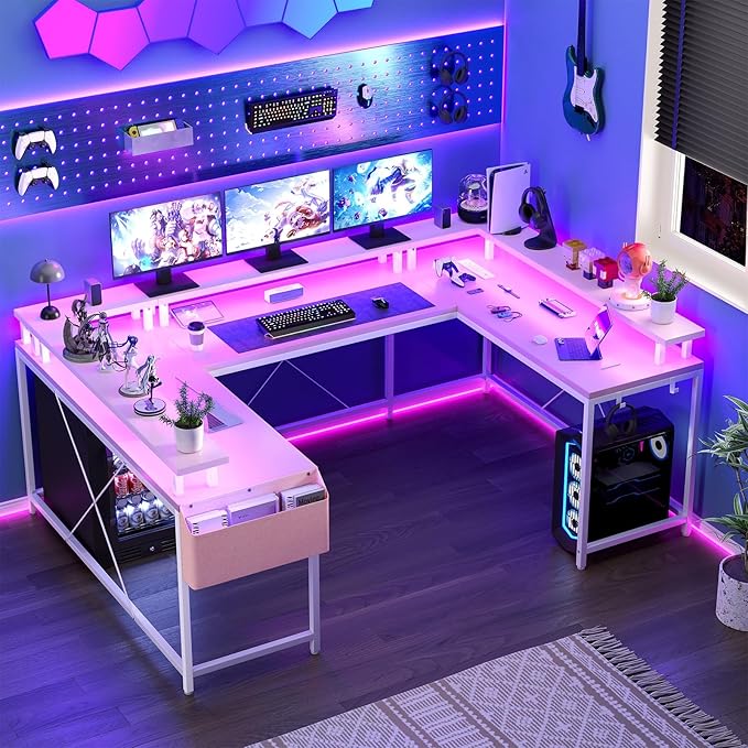 U/L Shaped Desk Reversible Computer Gaming Desk with Power Outlet &amp LED Light Large Corner Table with Monitor Stand &amp Storage Shelf Idead for Home Office Gaming Pink