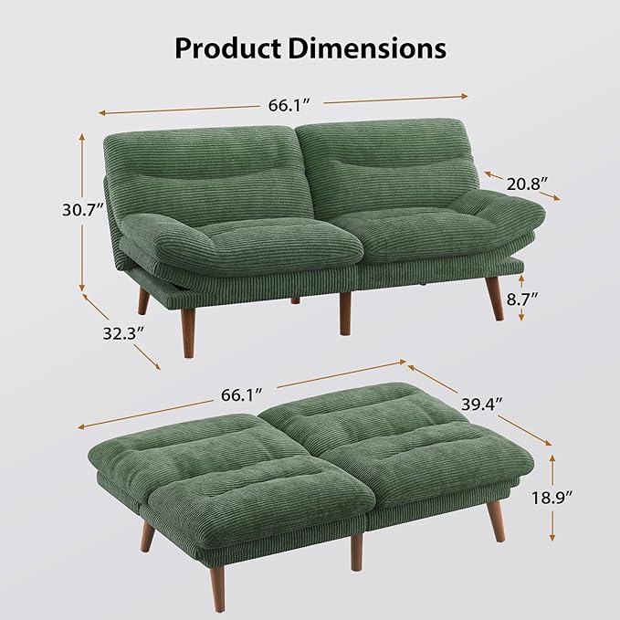 Pipishell Futon Sofa Bed Modern 66 Futon Couch Convertible to Bed &amp Lounger Compact Size Corduroy Loveseat Durable Construction - Fits Small Spaces ApartmentsStudy Room(Seaweed Green 66 In