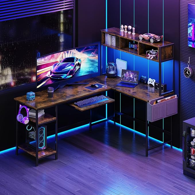 DUMOS L Shaped Gaming Desk 67” Reversible Computer Desks with Led Lights Corner Table with Keyboard Tray Side Bag Storage Shelf Metal Frame Wood Writing for Home Office Bedroom Brown