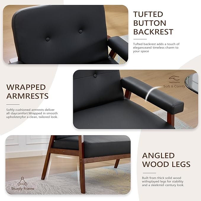 JIASTING Accent Chairs Set of 2 Black Leather Chairs with Solid Wood Frame Tufted Small Mid-Century Modern Wooden Arm Chair Comfy Office Reading Armchair for Living Room Bedroom (2)