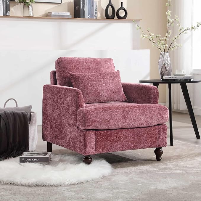Wood Frame Armchair Modern Accent Chair Lounge Chair for Living RoomTufted Club Chair Mid Century Modern Arm Chairs with Studded Solid Wood Frame for Bedroom Reading(Wine red Chenille)