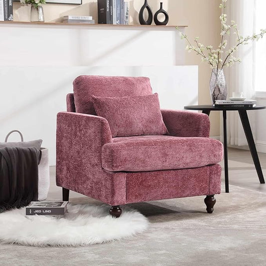 Wood Frame Armchair Modern Accent Chair Lounge Chair for Living RoomTufted Club Chair Mid Century Modern Arm Chairs with Studded Solid Wood Frame for Bedroom Reading(Wine red Chenille)
