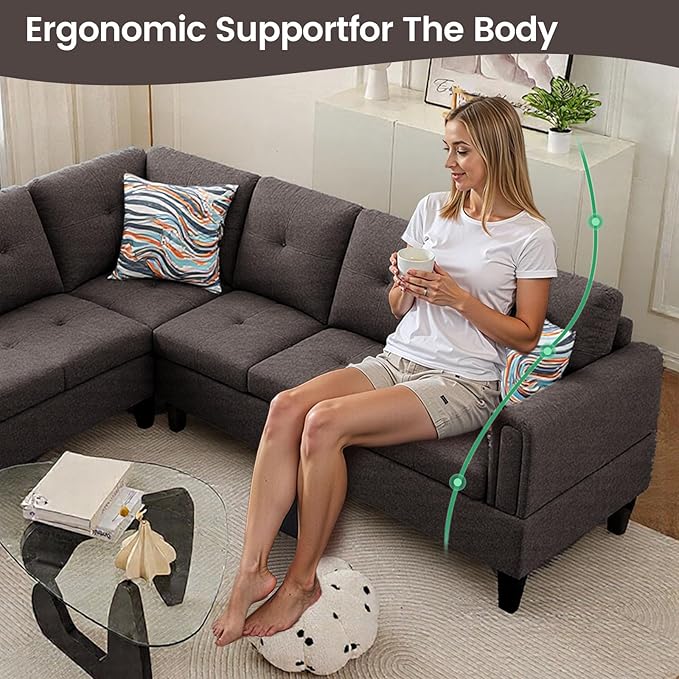 L Shaped Couch Sectional Couches with Chaise Fluffy Fabric 3 Pieces Modular Convertible Sofa for Living Room Furniture Sets and Small Apartment Dark Brown