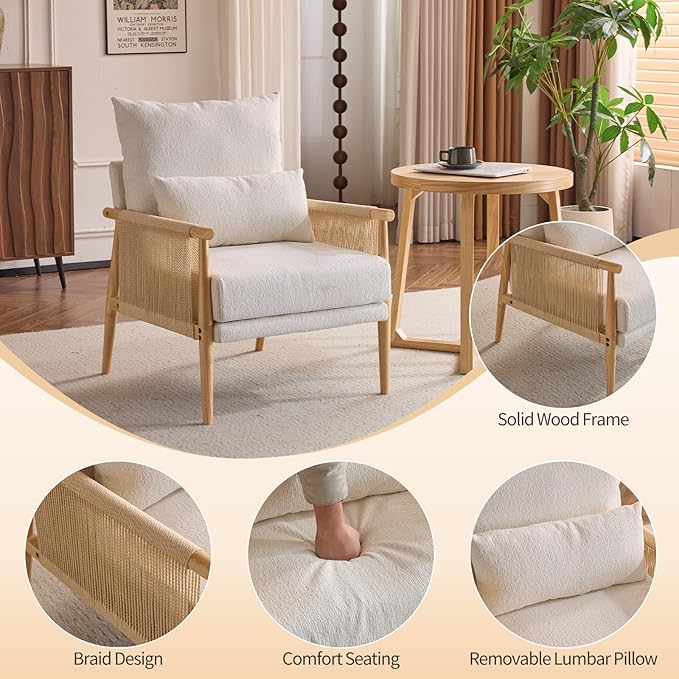 Karl home Cozy Chenille Accent Chair with Lumbar Pillow &amp Rattan Arms Modern Lounge Chair for Living Room Bedroom Reading Nook Beige