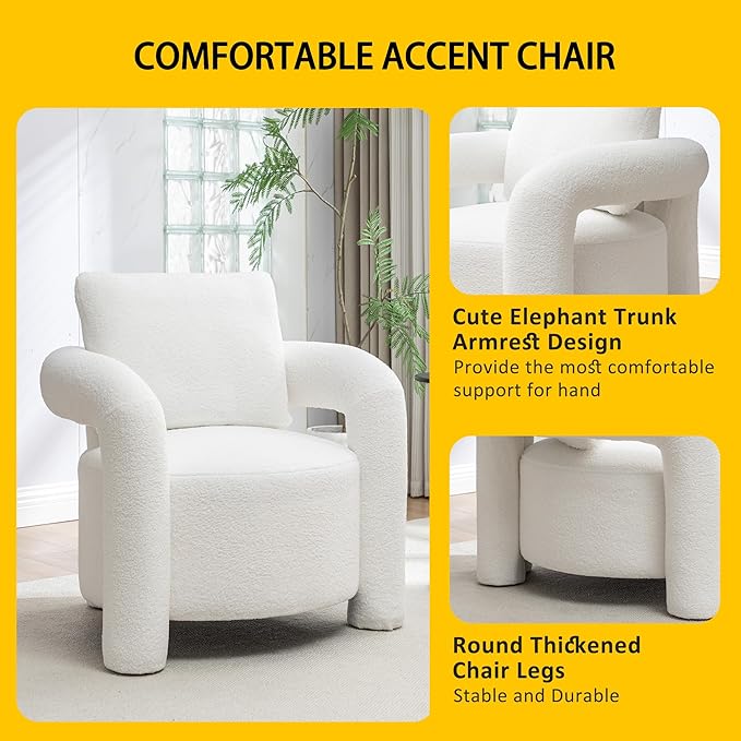 Modern Sherpa Boucle Accent ChairTeddy Upholstered ArmchairVanity Chair Single SofaCozy Fluffy Reading Chair for Living RoomVanityOfficeBedroomCorner(White)