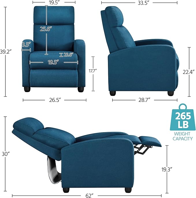 Yaheetech Fabric Recliner Sofa Modern Single Recliner Sofa Home Theater Seating with Thick Seat Cushion Backrest and Pocket Spring Blue