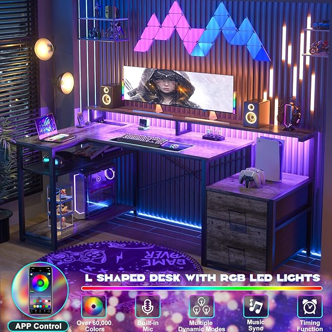 Aheaplus L Shaped Desk with File Drawer Reversible L Shaped Computer Desk Gaming Desk with Power Outlet &amp LED Strip Home Office Desk with Monitor Shelf Corner Desk with Storage Shelves Grey Oa