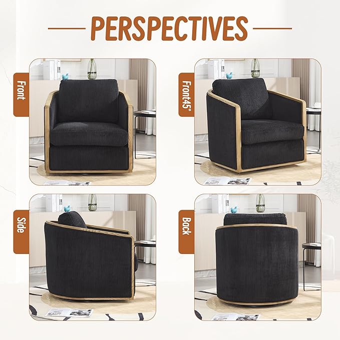 360 Degree Swivel Barrel Club Chair Comfortable Accent Sofa Chair for Living Room Leisure Armchair with Sturdy Hardwood Frame and Metal Base for Nursery Hotel Bedroom Office Lounge (Black)