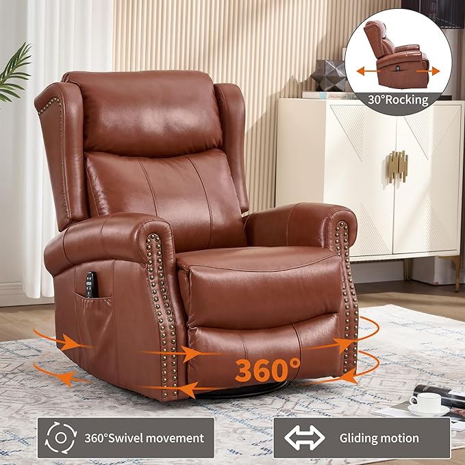 PELUMY Genuine Leather Swivel Rocking Recliner Chair for Adults 360° Swivel Glider Rocker with Heat &amp Vibrating Massage Lounge Chair for Living Room Bedroom Nursery (Tangerine-Red Brown)