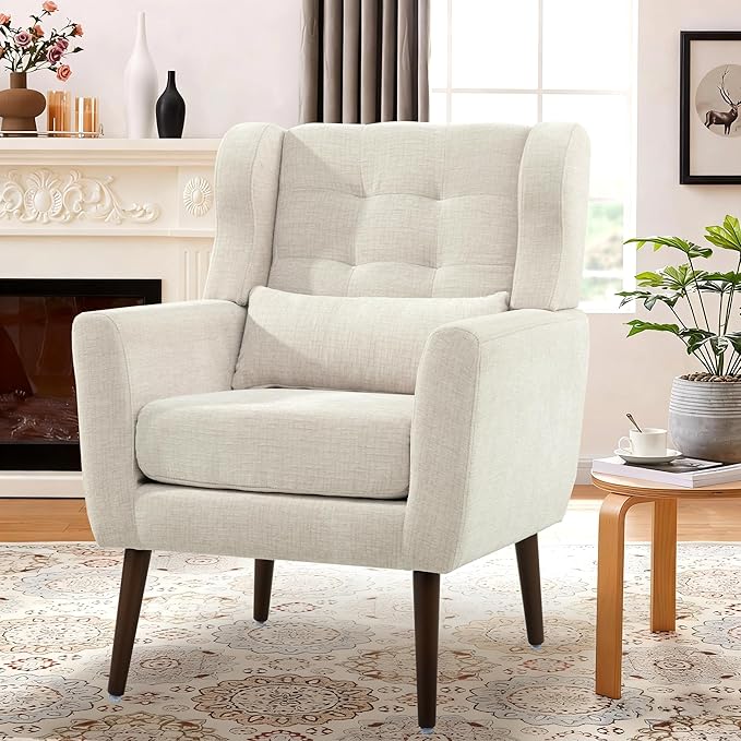Modern Accent Chair Upholstered Armchair with Pillow Fabric Single Sofa Chair with Lounge Seat and Wood Legs Accent Chair for Living Room Bedroom Small Spaces (Beige Set of 2)