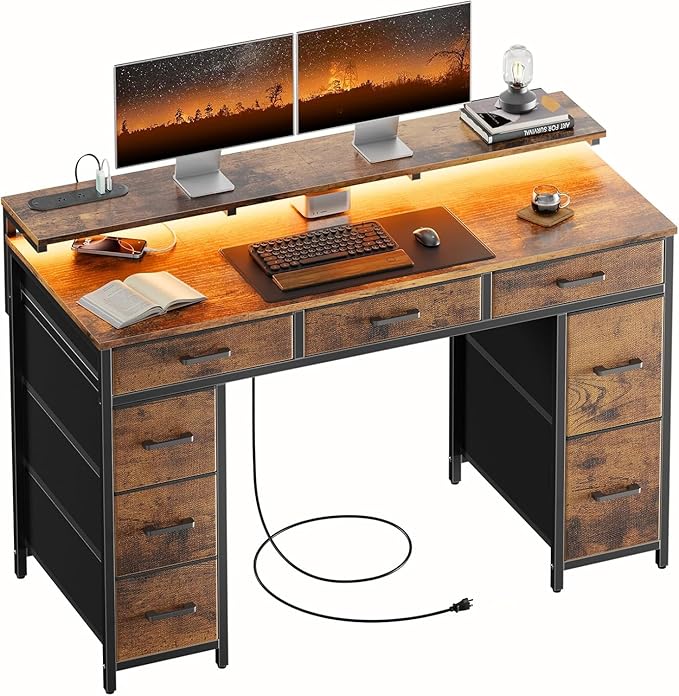 HLDIRECT 47 inch Computer Desk with 8 Storage Drawers Gaming Desk with LED Lights &amp USB Power Outlets Home Office Table with Monitor Stand Study Writing Work Table for Bedroom Rustic Brown